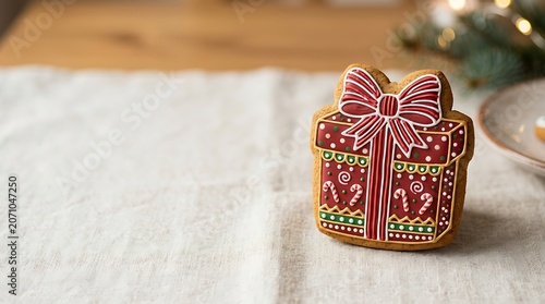 Decorated gingerbread gift box cookie on white tablecloth with copy space