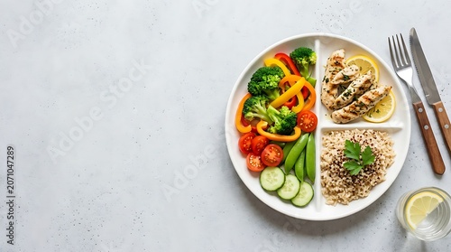 Balanced healthy meal with grilled chicken vegetables and rice