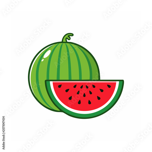 Flat design illustration of a whole watermelon and a slice