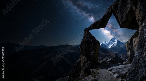 Milky way over snowy mountain peak framed by natural rock arch