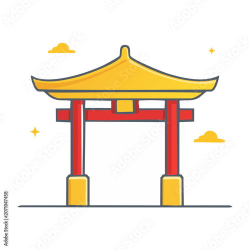Flat illustration of a red and yellow Torii gate with clouds