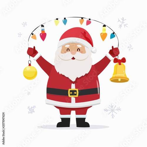 Santa Claus holding Christmas lights and decorations