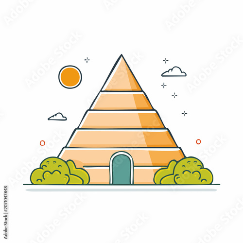 Stylized Pyramid Illustration with Sun and Clouds