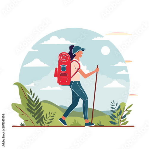 Woman hiking with backpack and pole in scenic landscape