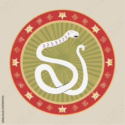 Stylized white snake in circular emblem with stars and sunburst