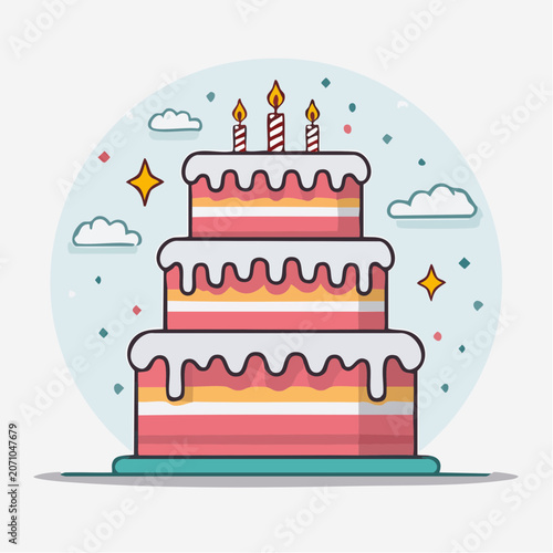 Three Tier Birthday Cake with Candles and Confetti