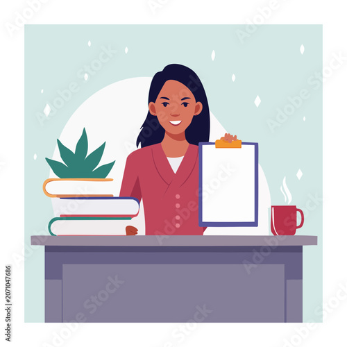 Woman holding clipboard at desk with books and coffee