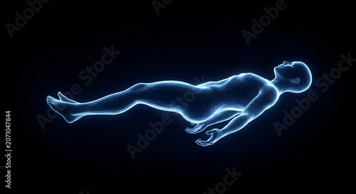 Glowing blue human figure floating in darkness