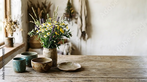 Rustic table setting with wildflower bouquet and handmade pottery