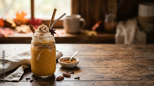 Pumpkin spice smoothie in a mason jar on a rustic wooden table
