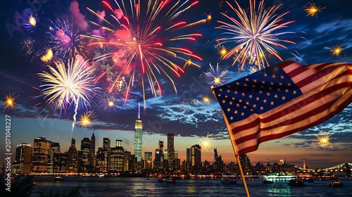 American Flag Fireworks City Skyline Waterfront Night
