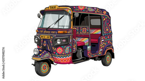 Obraz na płótnie Colorful auto rickshaw vehicle driving on road with passengers Vector