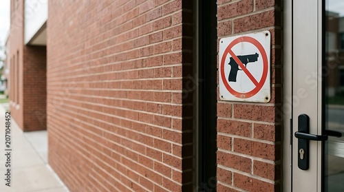 No firearms allowed sign on a red brick building wall