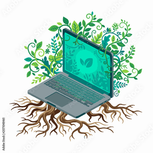 Green technology concept with laptop computer growing organic roots and lush green leaves.