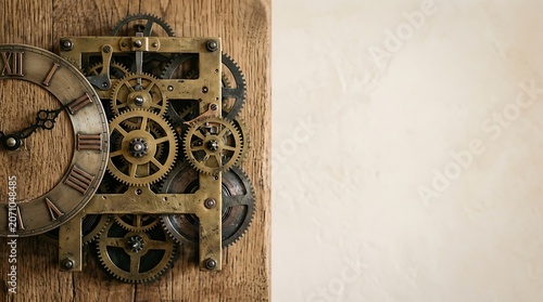 Antique clock mechanism with brass gears on rustic wood