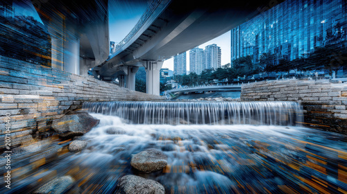 A modern city waterfront with a small waterfall flowing over rocks under a highway bridge, with skyscrapers in the background