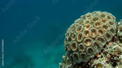 Close up view of brain coral in the deep blue ocean