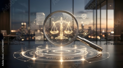 Magnifying glass revealing glowing digital scales of justice and legal documents in a modern office setting with city view