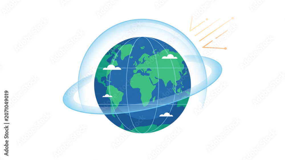 Naklejka premium Illustration depicting Earth's protective atmospheric shield, safeguarding the planet from harmful solar radiation and preserving a healthy global environment for life