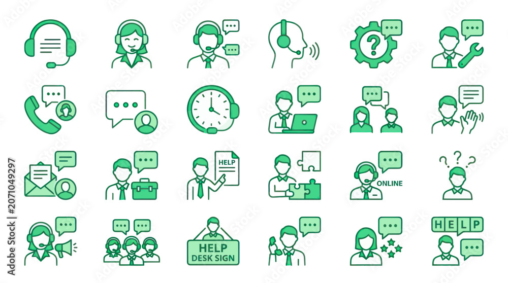 Fototapeta premium Customer Service & Support Icons: Help Desk, Communication, Assistance