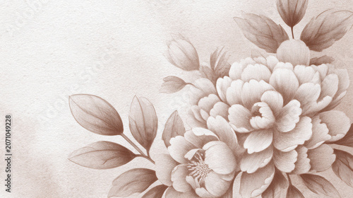 A beautiful watercolor painting of peonies with leaves in a soft brown tone. The delicate brushstrokes create a sense of elegance and tranquility, perfect for adding a touch of nature to any design.