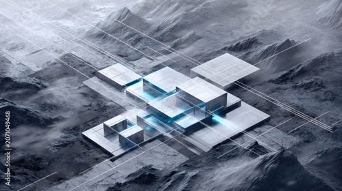 Futuristic abstract digital art depicting a modern city or technological complex nestled within a mountainous landscape. The scene is characterized by sleek, metallic structures, glowing blue accents.