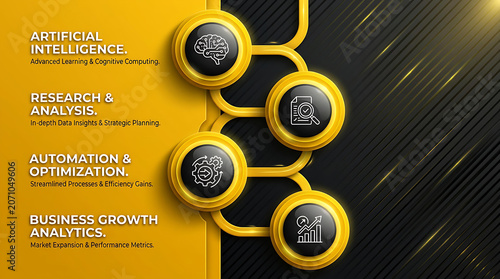 Artificial Intelligence Business Automation Workflow Infographic with Data Analytics Machine Learning and Digital Transformation Concept
