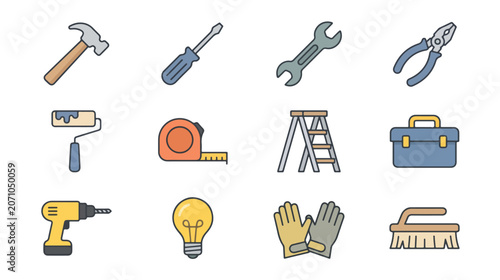 Home Repair and Maintenance Flat Vector Tools Icons Collection Set
