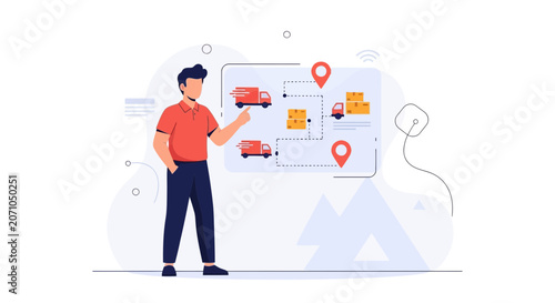 Logistics management concept: Man planning delivery routes on a digital map with trucks and pins