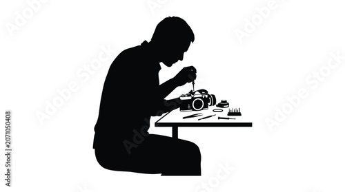 Foto person repairing camera silhouette black white background photography fix worksh