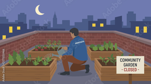 Photos Administrator Tending to Rooftop Community Garden After Hours
