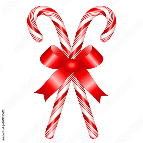 Candy canes crossed with big red shiny bow, red and white peppermint Christmas clip art, sweet tooth illustration for party and holiday celebrations, posters, decorations for presents, Christmas trees