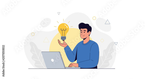 Man with Laptop Holding Light Bulb, Symbolizing Innovation, Idea Generation, and Creative Thinking in Modern Design