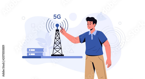 Man Interacting with 5G Tower, Concept of Future Technology and Connectivity