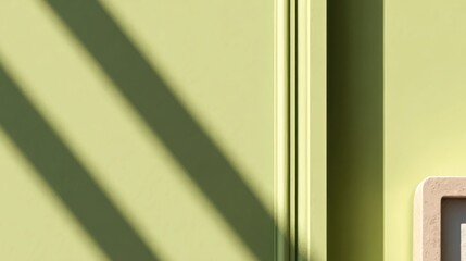 Diagonal dark shadows fall across a pale lime green wall surface with architectural detail