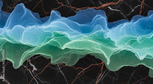Blue and green waves of paint on black marble background with contrast, artistic marble background