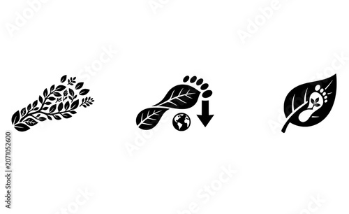 Green Eco Footprint Concept Vector with Leaves and Earth Icon, Carbon Footprint Reduction and Sustainability Symbols Set. Transparent background.
