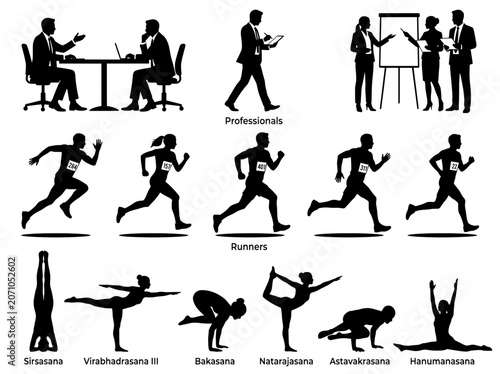 Business Professionals Runners and Yoga Poses Silhouette Set Isolated Transparent Background