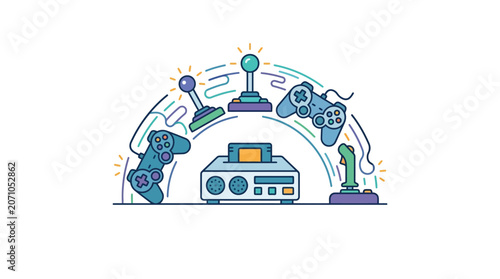 Retro Gaming Console and Various Controllers Illustration