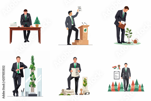 Bild auf Leinwand Illustrations of a businessman engaged in environmental policy, reforestation efforts, and sustainable corporate practices for a greener, more sustainable future