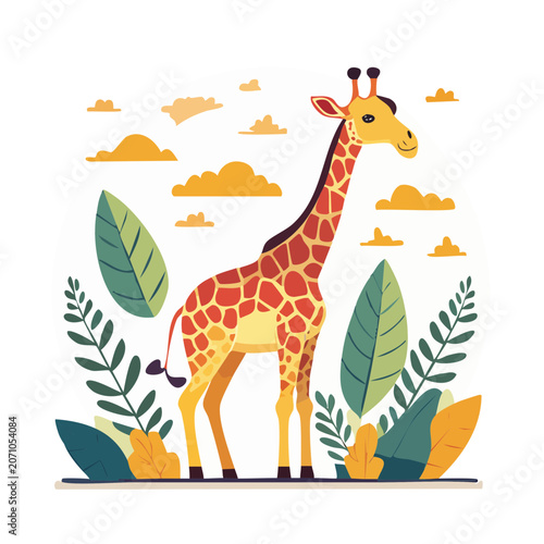 Cute giraffe illustration with leaves and clouds