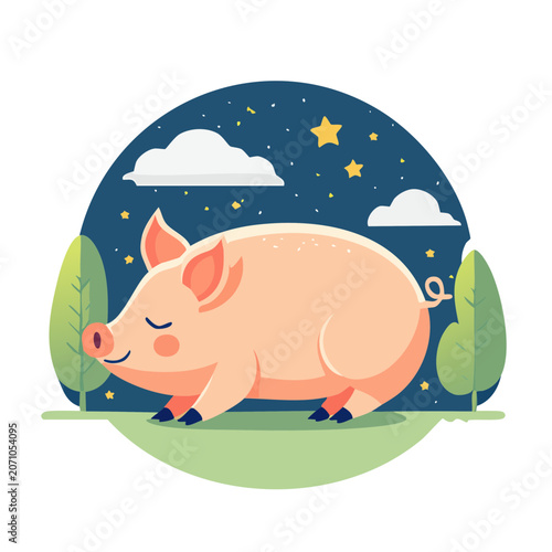 Cute pig illustration at night with stars and clouds