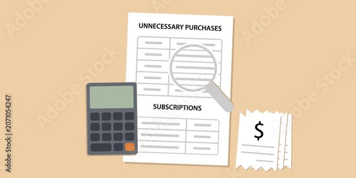 Expense report, shopping receipts, subscription bills, calculator and magnifying glass. Unnecessary spending analysis concept scene.