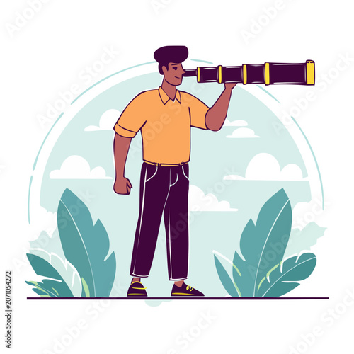 Man looking through telescope with plants and clouds background