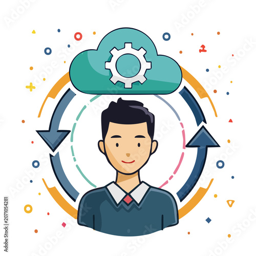 Man with cloud and gear representing technology and workflow