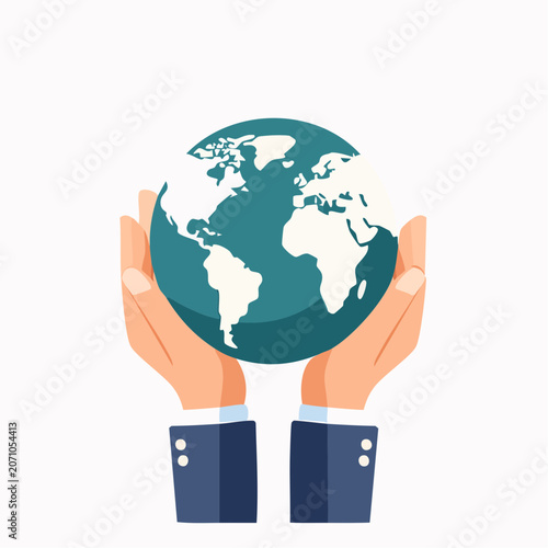Hands holding the Earth in flat design style