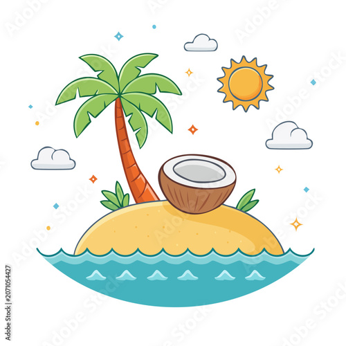 Tropical island with palm tree, coconut, sun and clouds