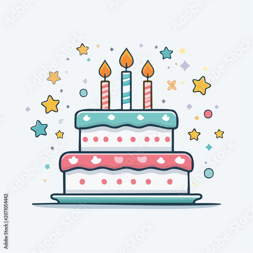 Two-Tiered Birthday Cake with Candles and Stars