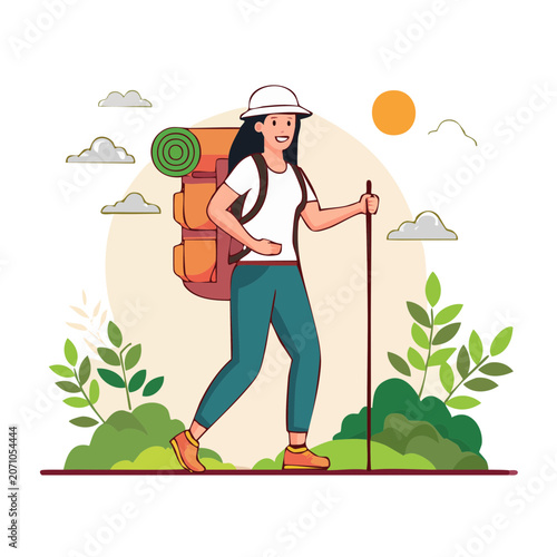 Woman hiking with backpack and pole in nature