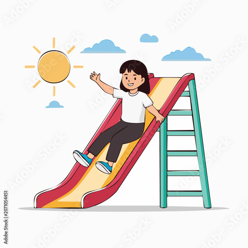 Happy girl sliding down a playground slide on a sunny day